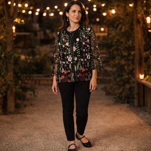 Women's Draper's and Damon's Black Boho Embroidered Floral Jacket Size Large